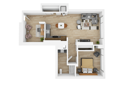 Floor plan for 1 bed, 1 bath, 838 sqft